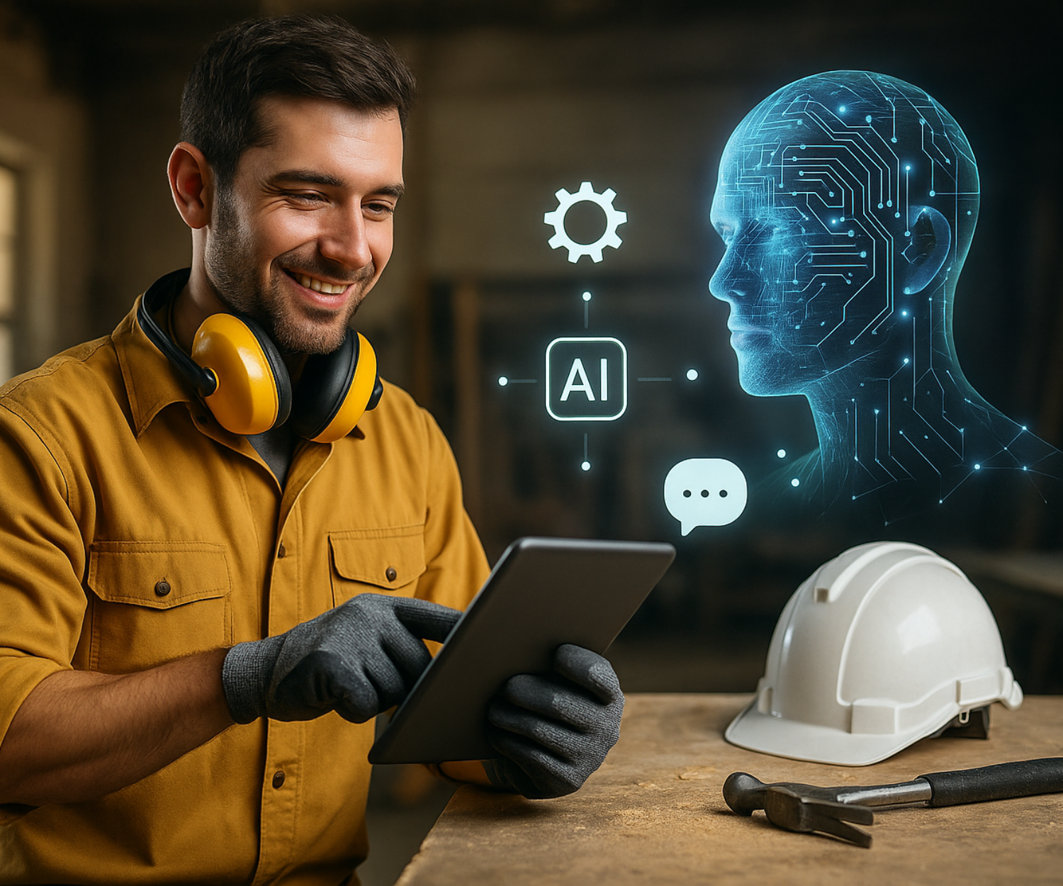 Handwerker in moderner Werkstatt nutzt Tablet zur Steuerung von KI-Systemen. Im Vordergrund traditionelle Werkzeuge, im Hintergrund holografische Darstellung eines digitalen KI-Kopfes. Symbolbild für Digitalisierung und künstliche Intelligenz im Handwerk.