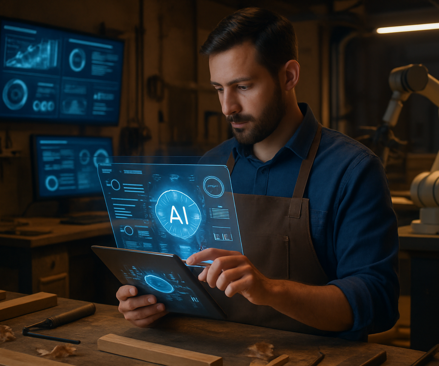 Handwerker in Werkstatt bedient futuristisches KI-Interface auf Tablet, im Hintergrund Roboterarm und digitale Displays.