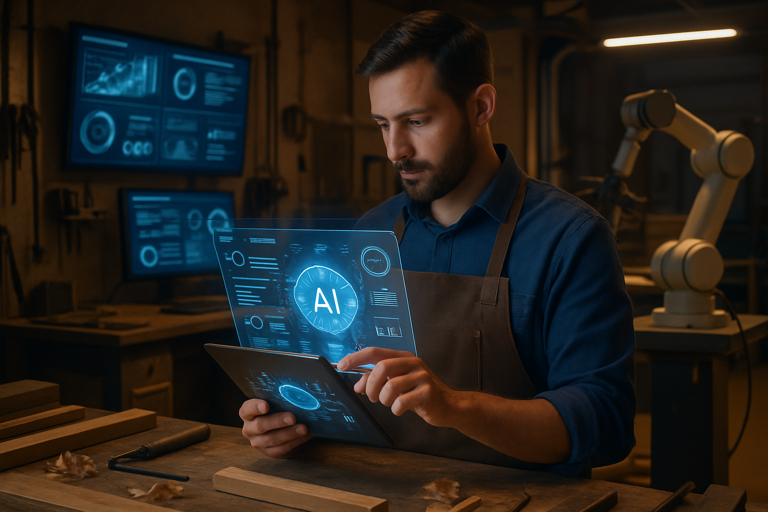 Handwerker in Werkstatt bedient futuristisches KI-Interface auf Tablet, im Hintergrund Roboterarm und digitale Displays.